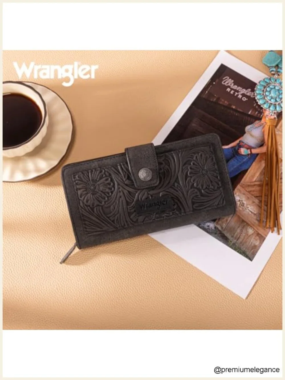 Western Bifold Zipper Wallet with Tooling Flower Design and RFID Blocking